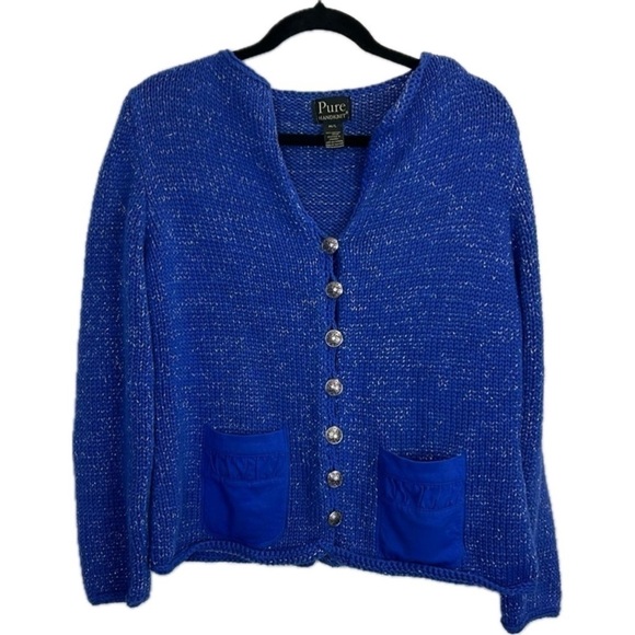 Pure Handknit Blue Cardigan Sweater with Silver Accents - Picture 1 of 7